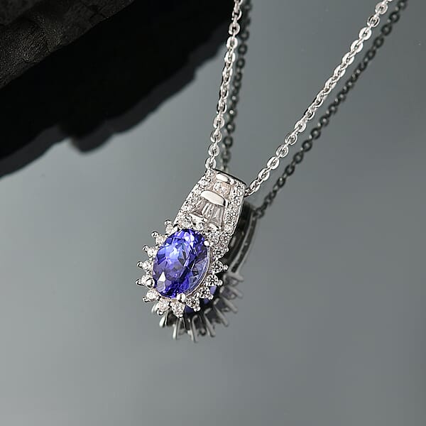 D'Joy AAA Tanzanite And White Zircon 1.30 Ctw Starburst Pendant Necklace In Rhodium Over Sterling Silver 20 Inches