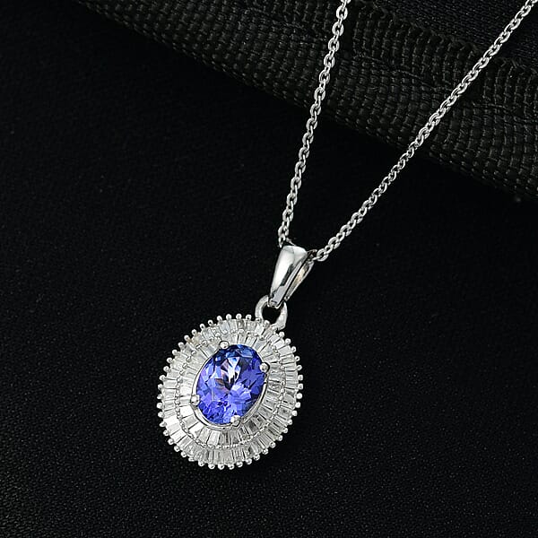 D'Joy AAA Tanzanite Diamond Halo Pendant Necklace In Rhodium Over Sterling Silver 1.40 Ctw (20 Inches)