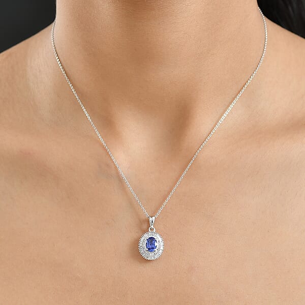 D'Joy AAA Tanzanite Diamond Halo Pendant Necklace In Rhodium Over Sterling Silver 1.40 Ctw (20 Inches)