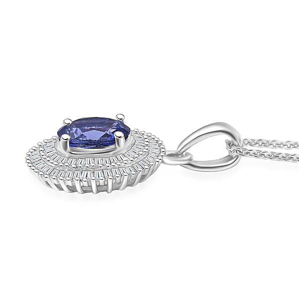 D'Joy AAA Tanzanite Diamond Halo Pendant Necklace In Rhodium Over Sterling Silver 1.40 Ctw (20 Inches)