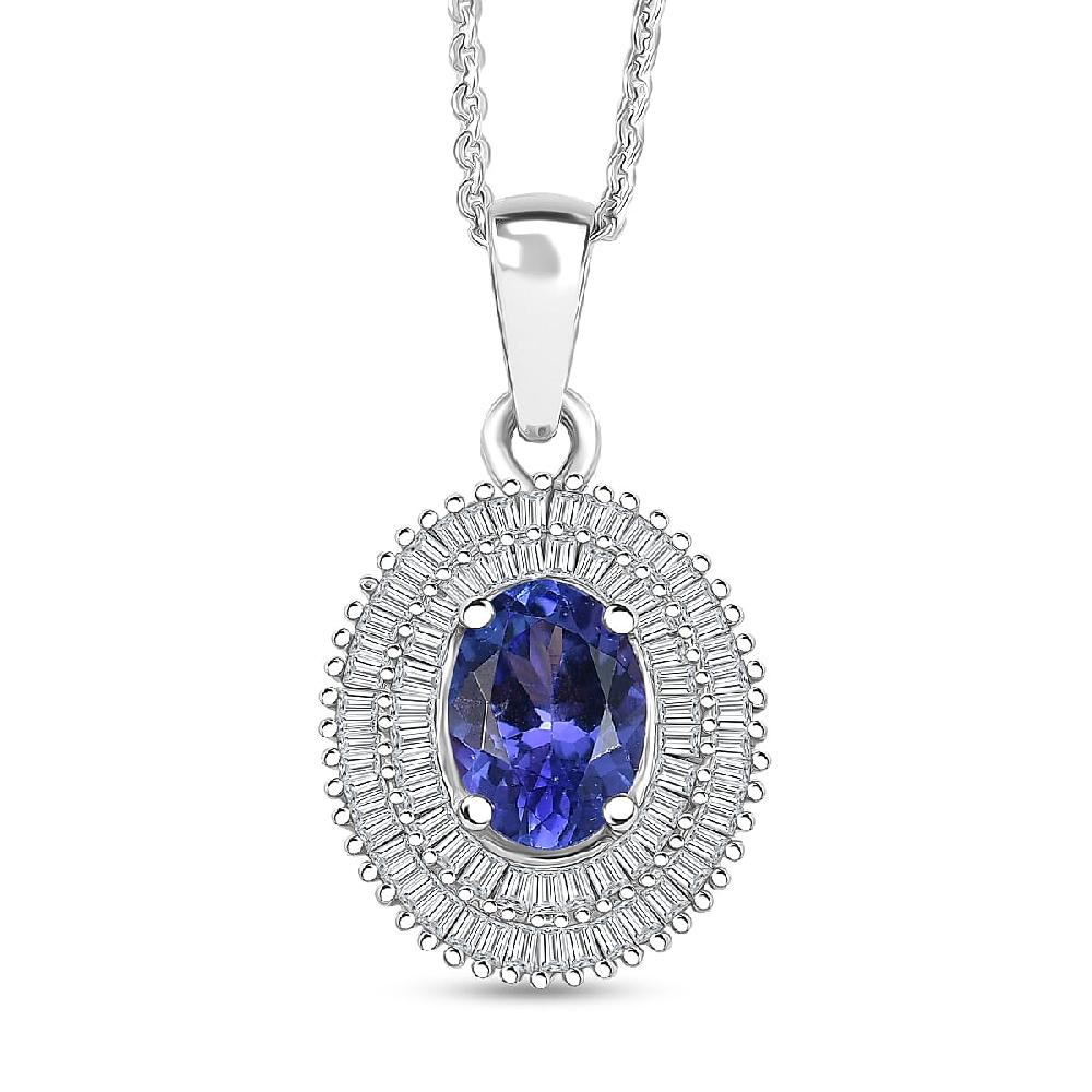 D'Joy AAA Tanzanite Diamond Halo Pendant Necklace in Rhodium Over Sterling Silver 1.40 ctw (20 Inches)