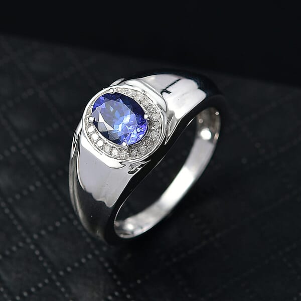 D'Joy AAA Tanzanite Diamond Men's Ring In Rhodium Over Sterling Silver 1.15 Ctw