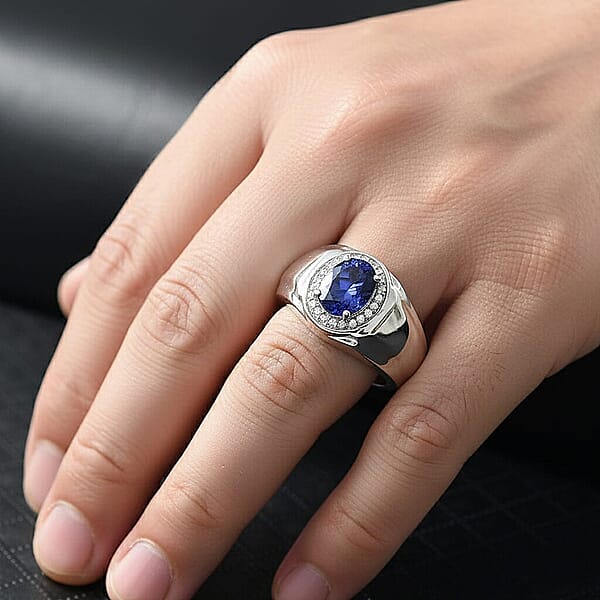 D'Joy AAA Tanzanite Diamond Men's Ring In Rhodium Over Sterling Silver 1.15 Ctw