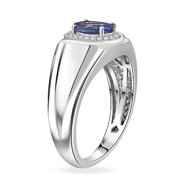 D'Joy AAA Tanzanite Diamond Men's Ring In Rhodium Over Sterling Silver 1.15 Ctw