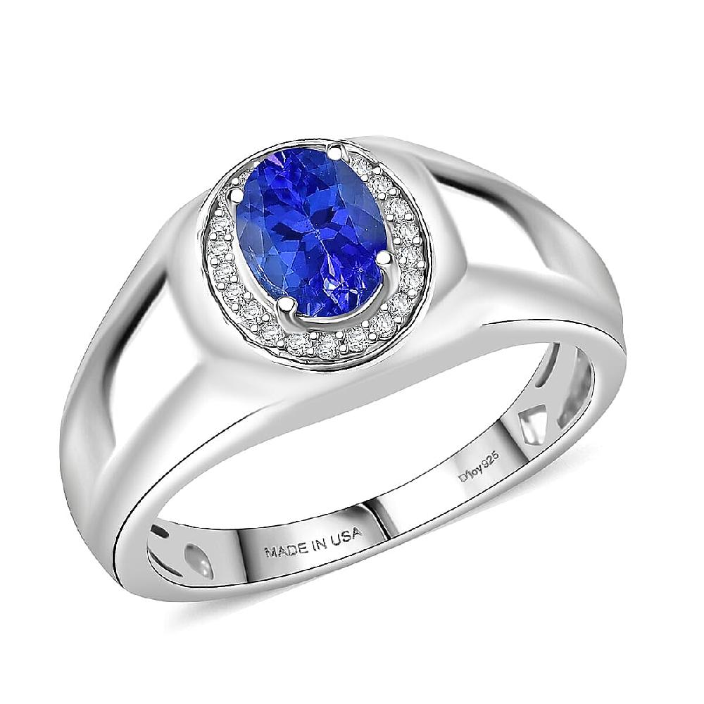 D'Joy AAA Tanzanite Diamond Men's Ring in Rhodium Over Sterling Silver 1.15 ctw