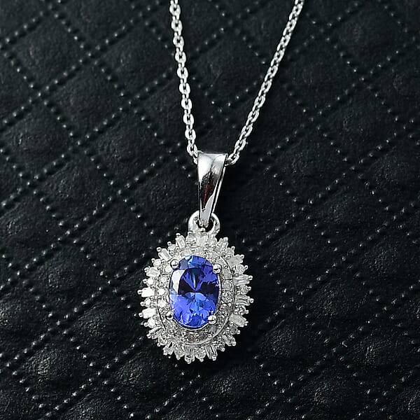 D'Joy AAA Tanzanite Diamond Pendant Necklace In Rhodium Over Sterling Silver 1.10 Ctw (20 Inches)