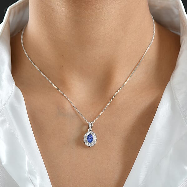 D'Joy AAA Tanzanite Diamond Pendant Necklace In Rhodium Over Sterling Silver 1.10 Ctw (20 Inches)