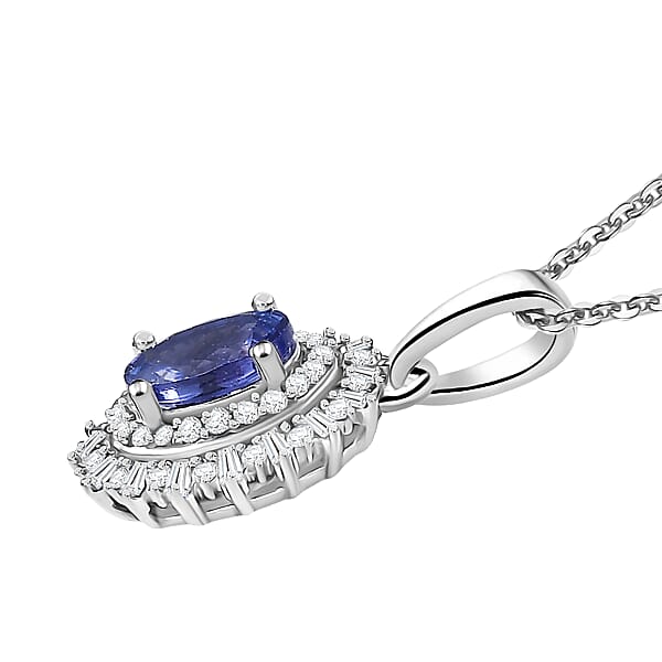 D'Joy AAA Tanzanite Diamond Pendant Necklace In Rhodium Over Sterling Silver 1.10 Ctw (20 Inches)