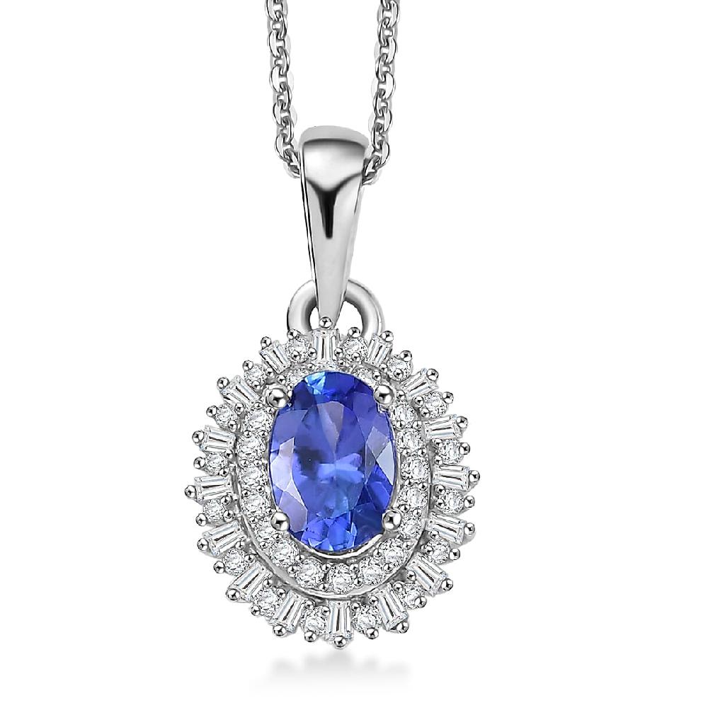 D'Joy AAA Tanzanite Diamond Pendant Necklace in Rhodium Over Sterling Silver 1.10 ctw (20 Inches)