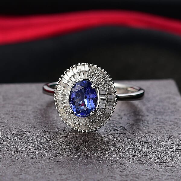 D'Joy AAA Tanzanite Diamond Ring In Rhodium Over Sterling Silver 1.40 Ctw