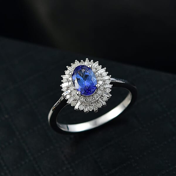 D'Joy AAA Tanzanite Diamond Ring In Rhodium Over Sterling Silver 1.10 Ctw