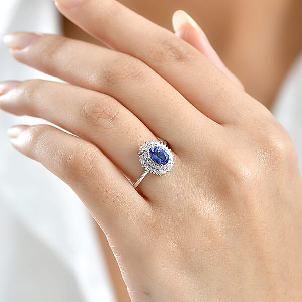 D'Joy AAA Tanzanite Diamond Ring In Rhodium Over Sterling Silver 1.10 Ctw