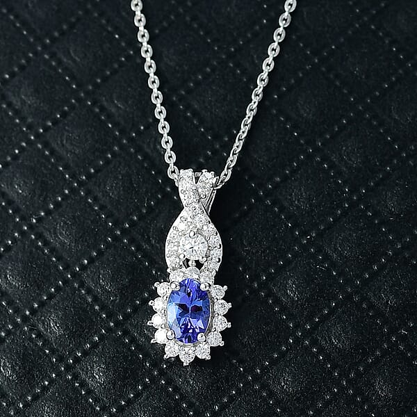 D'Joy AAA Tanzanite Moissanite Pendant Necklace In Rhodium Over Sterling Silver 0.85 Ctw (20 Inches)