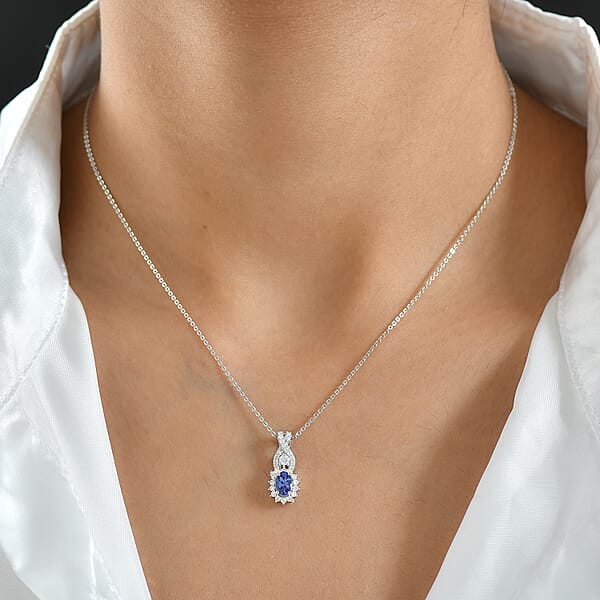 D'Joy AAA Tanzanite Moissanite Pendant Necklace In Rhodium Over Sterling Silver 0.85 Ctw (20 Inches)