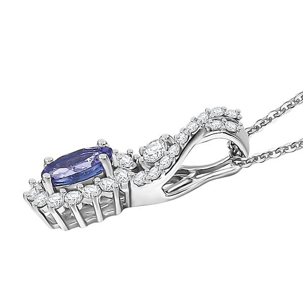 D'Joy AAA Tanzanite Moissanite Pendant Necklace In Rhodium Over Sterling Silver 0.85 Ctw (20 Inches)