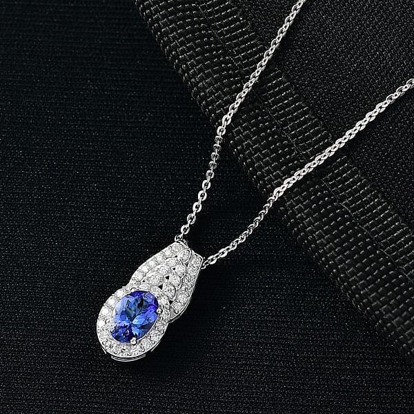 D'Joy AAA Tanzanite Moissanite Pendant Necklace In Rhodium Over Sterling Silver 1.10 Ctw (20 Inches)