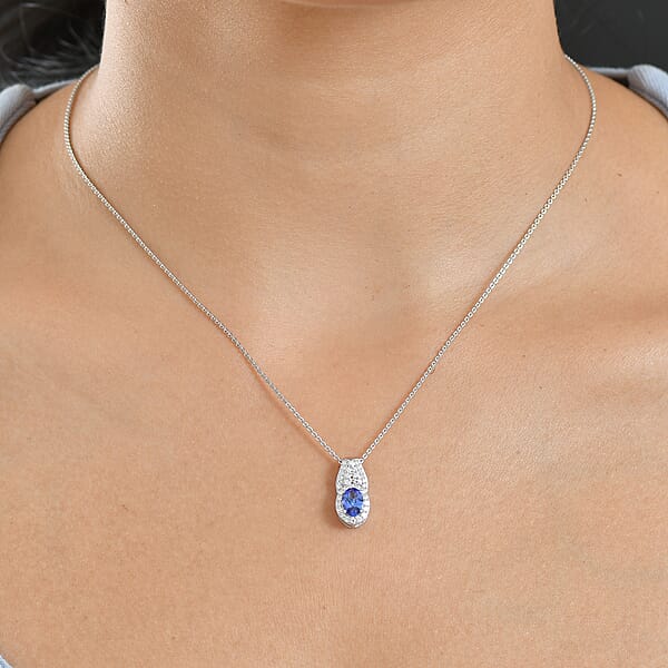 D'Joy AAA Tanzanite Moissanite Pendant Necklace In Rhodium Over Sterling Silver 1.10 Ctw (20 Inches)