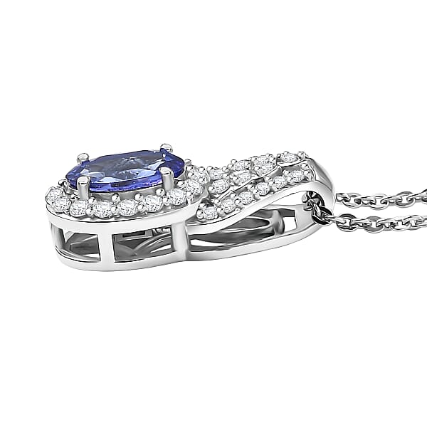 D'Joy AAA Tanzanite Moissanite Pendant Necklace In Rhodium Over Sterling Silver 1.10 Ctw (20 Inches)