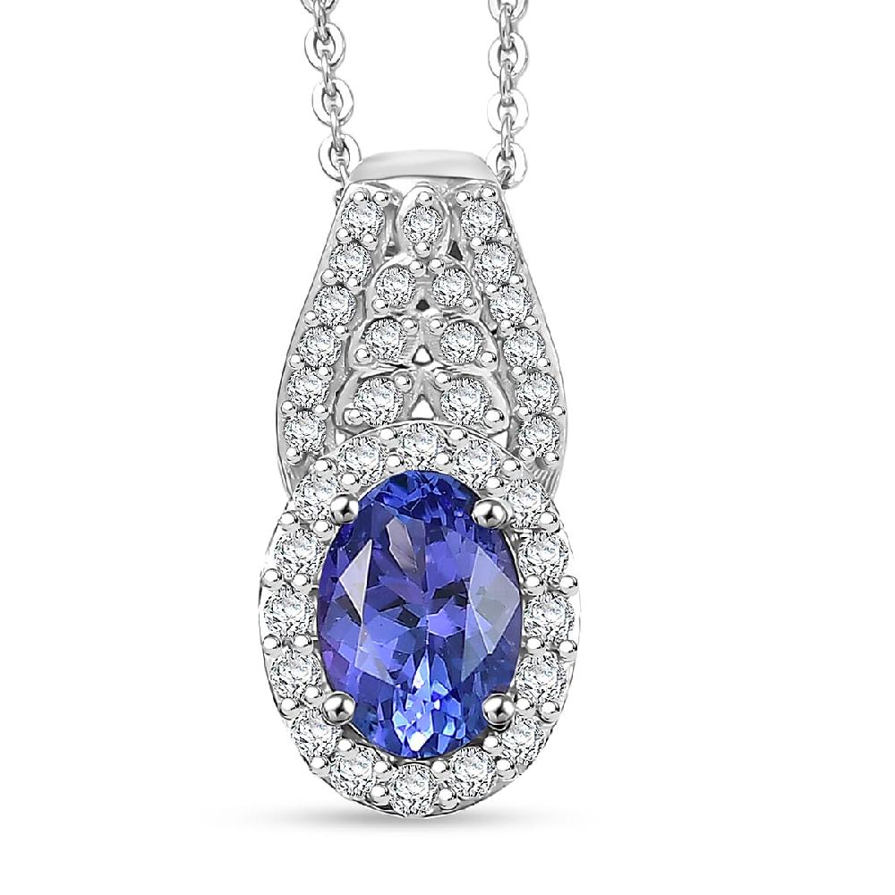 D'Joy AAA Tanzanite Moissanite Pendant Necklace in Rhodium Over Sterling Silver 1.10 ctw (20 Inches)