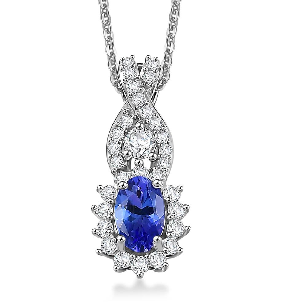 D'Joy AAA Tanzanite Moissanite Pendant Necklace in Rhodium Over Sterling Silver 0.85 ctw (20 Inches)