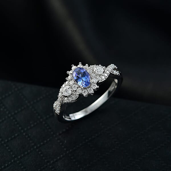 D'Joy AAA Tanzanite Moissanite Ring In Rhodium Over Sterling Silver 1.00 Ctw