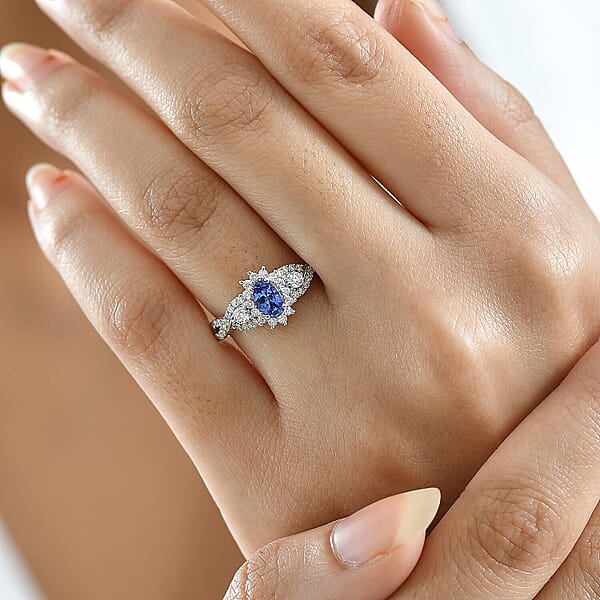 D'Joy AAA Tanzanite Moissanite Ring In Rhodium Over Sterling Silver 1.00 Ctw