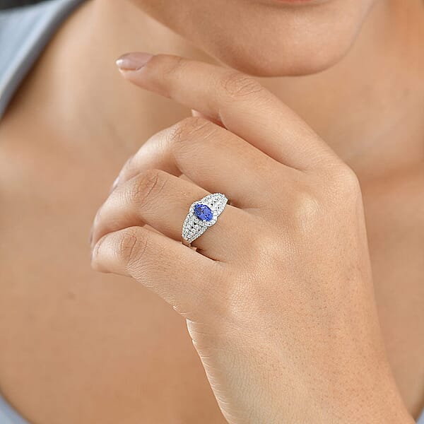 D'Joy AAA Tanzanite Moissanite Ring In Rhodium Over Sterling Silver 1.30 Ctw