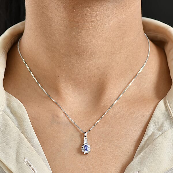 D'Joy AAA Tanzanite Moissanite Starburst Pendant Necklace In Rhodium Over Sterling Silver 0.60 Ctw (20 Inches)