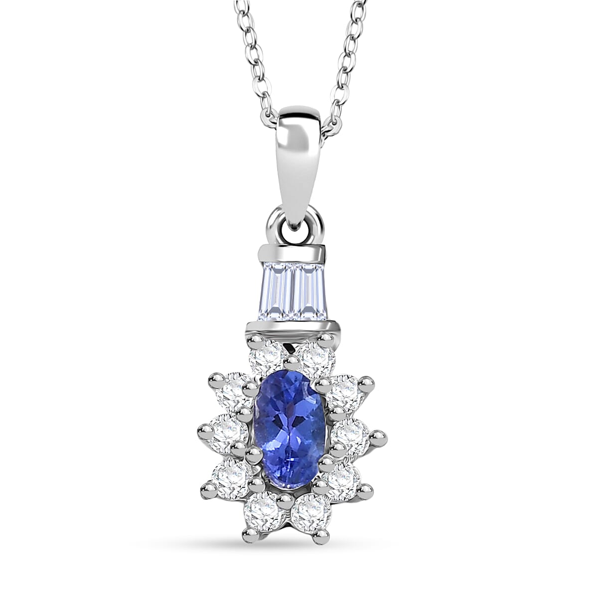 D'Joy AAA Tanzanite Moissanite Starburst Pendant Necklace in Rhodium Over Sterling Silver 0.60 ctw (20 Inches)