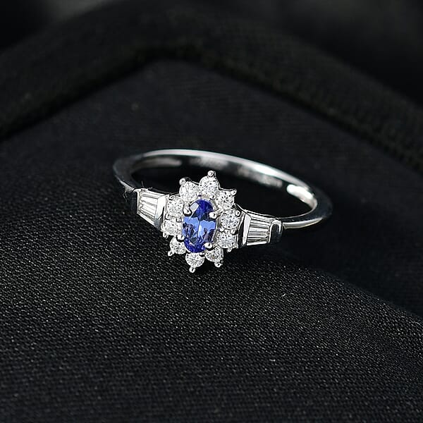 D'Joy AAA Tanzanite Moissanite Starburst Ring In Rhodium Over Sterling Silver 0.65 Ctw
