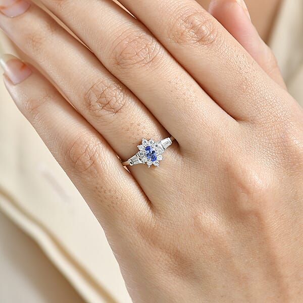 D'Joy AAA Tanzanite Moissanite Starburst Ring In Rhodium Over Sterling Silver 0.65 Ctw