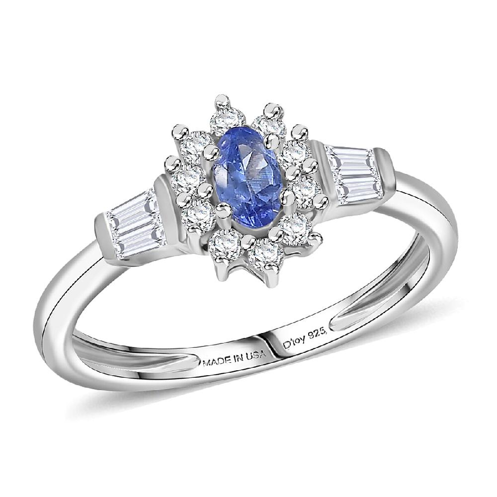 D'Joy AAA Tanzanite Moissanite Starburst Ring in Rhodium Over Sterling Silver 0.65 ctw