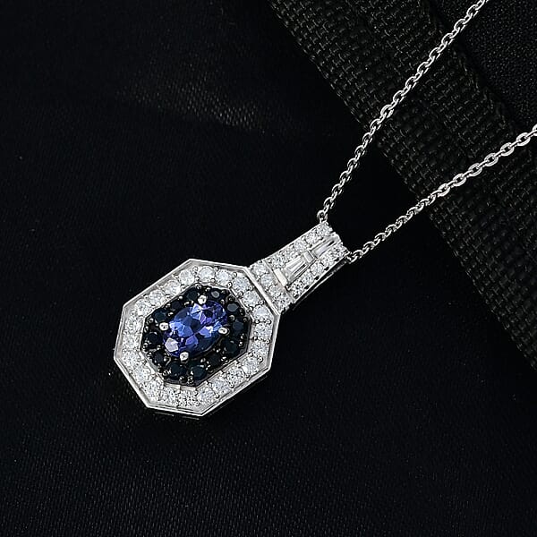 D'Joy AAA Tanzanite Multi Gemstone Halo Pendant Necklace In Rhodium Over Sterling Silver 1.30 Ctw (20 Inches)