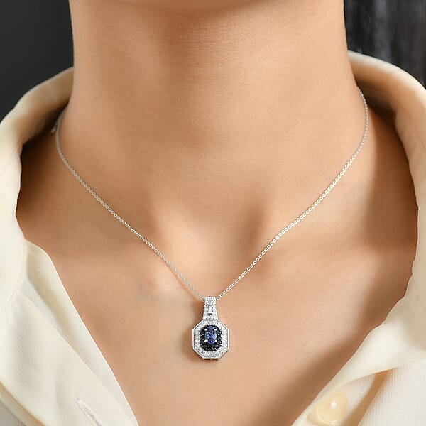 D'Joy AAA Tanzanite Multi Gemstone Halo Pendant Necklace In Rhodium Over Sterling Silver 1.30 Ctw (20 Inches)