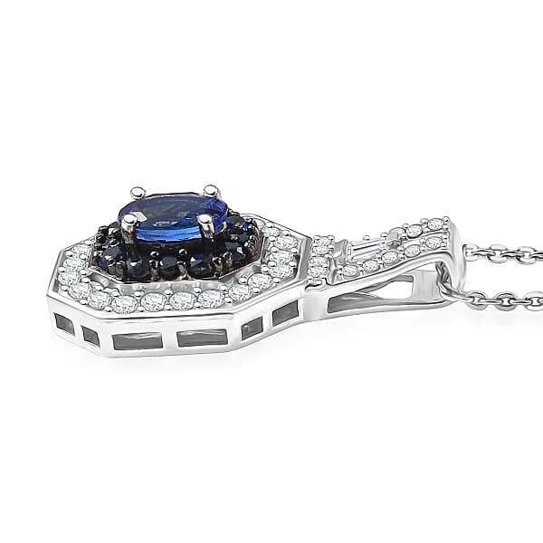 D'Joy AAA Tanzanite Multi Gemstone Halo Pendant Necklace In Rhodium Over Sterling Silver 1.30 Ctw (20 Inches)