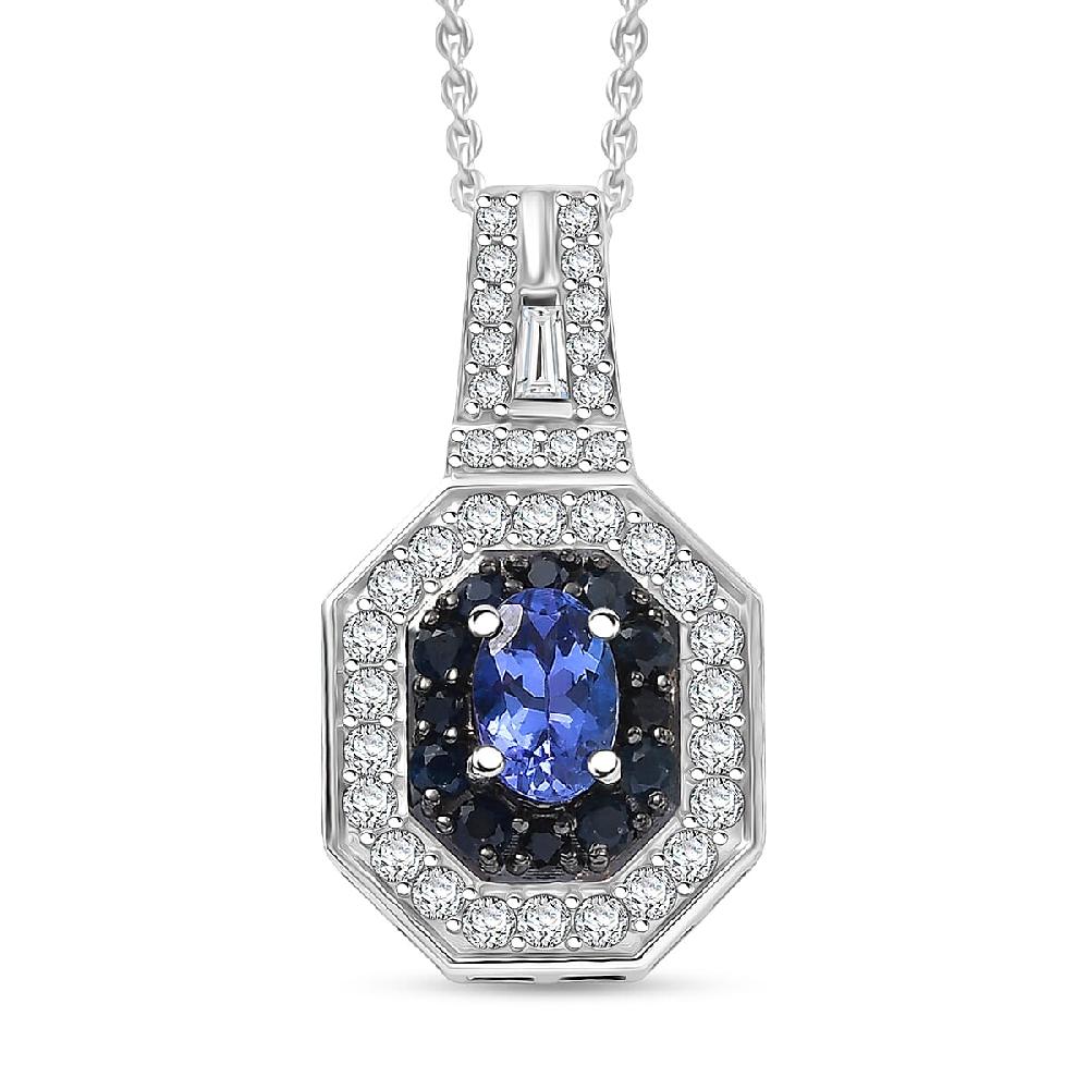 D'Joy AAA Tanzanite Multi Gemstone Halo Pendant Necklace in Rhodium Over Sterling Silver 1.30 ctw (20 Inches)