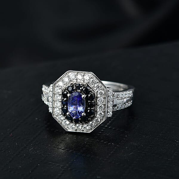 D'Joy AAA Tanzanite Multi Gemstone Halo Ring In Rhodium Over Sterling Silver 1.50 Ctw