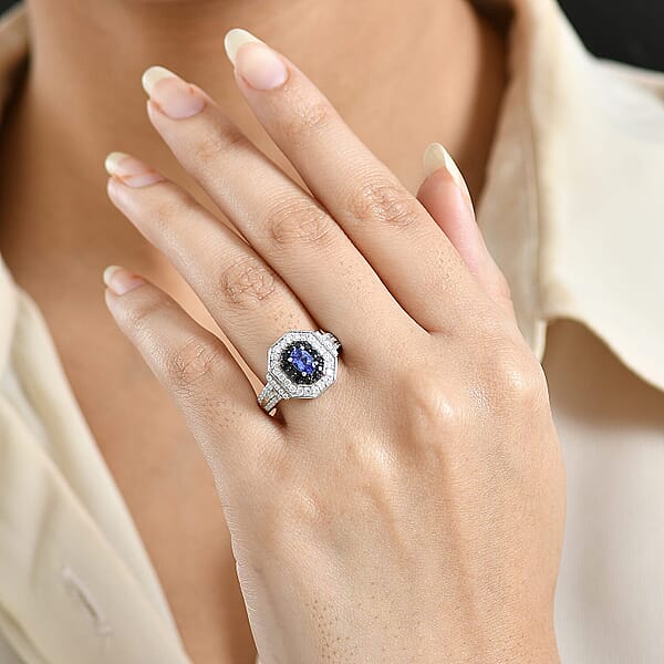D'Joy AAA Tanzanite Multi Gemstone Halo Ring In Rhodium Over Sterling Silver 1.50 Ctw