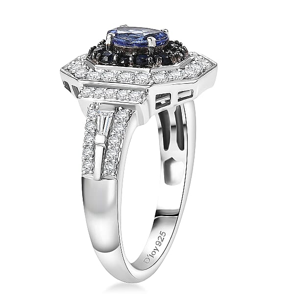 D'Joy AAA Tanzanite Multi Gemstone Halo Ring In Rhodium Over Sterling Silver 1.50 Ctw