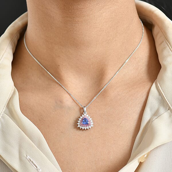 D'Joy AAA Tanzanite Multi Gemstone Pendant Necklace In Rhodium Over Sterling Silver 1.60 Ctw (20 Inches)