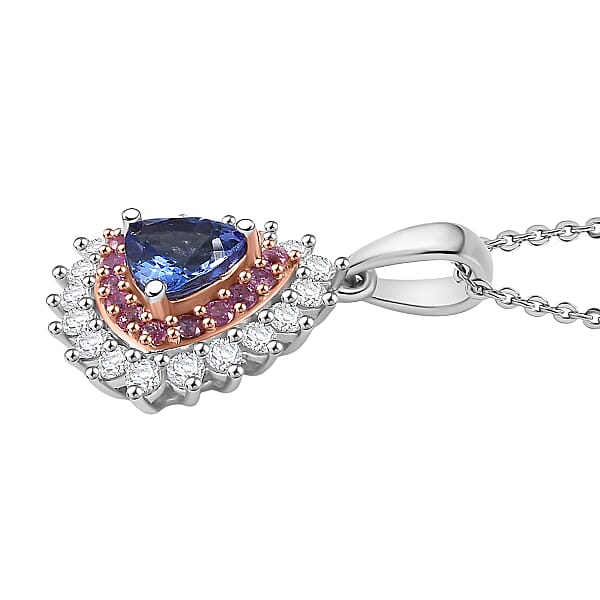 D'Joy AAA Tanzanite Multi Gemstone Pendant Necklace In Rhodium Over Sterling Silver 1.60 Ctw (20 Inches)