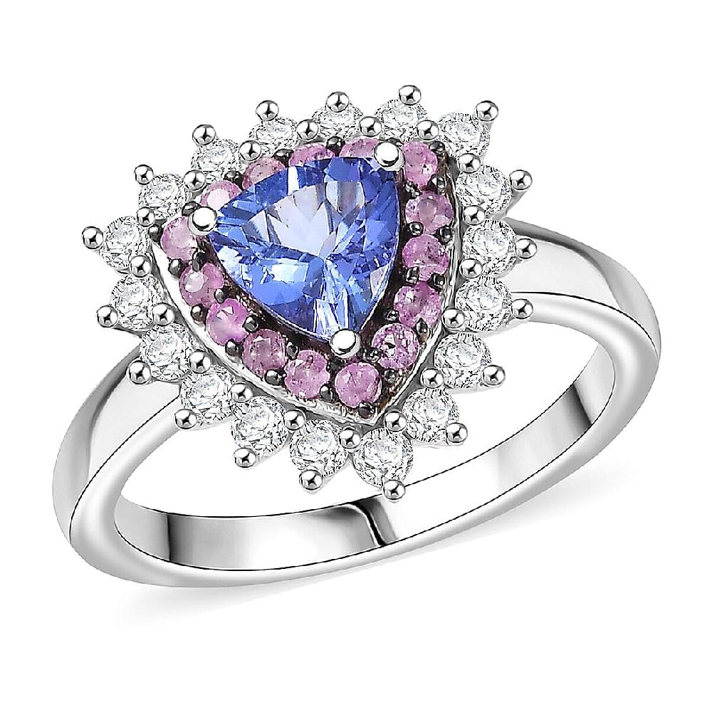 D'Joy AAA Tanzanite Multi Gemstone Ring in Rhodium Over Sterling Silver 1.60 ctw