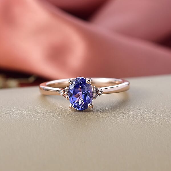 D'Joy AAA Tanzanite Natural Pink Diamond Ring In 18K Vermeil RG Over Sterling Silver 1.10 Ctw