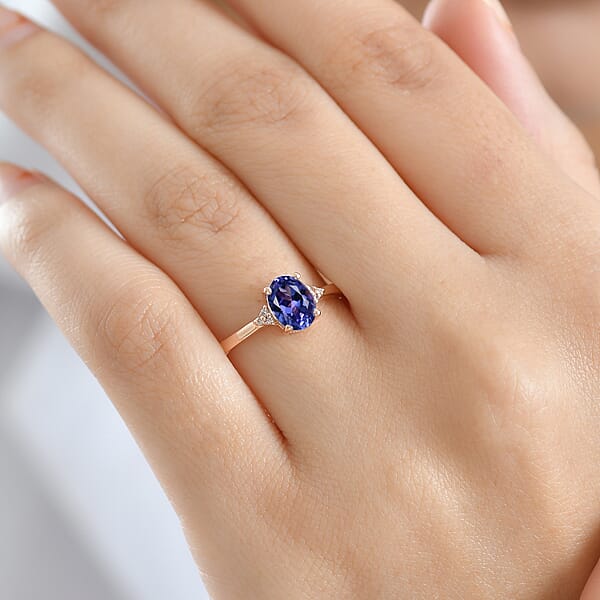 D'Joy AAA Tanzanite Natural Pink Diamond Ring In 18K Vermeil RG Over Sterling Silver 1.10 Ctw