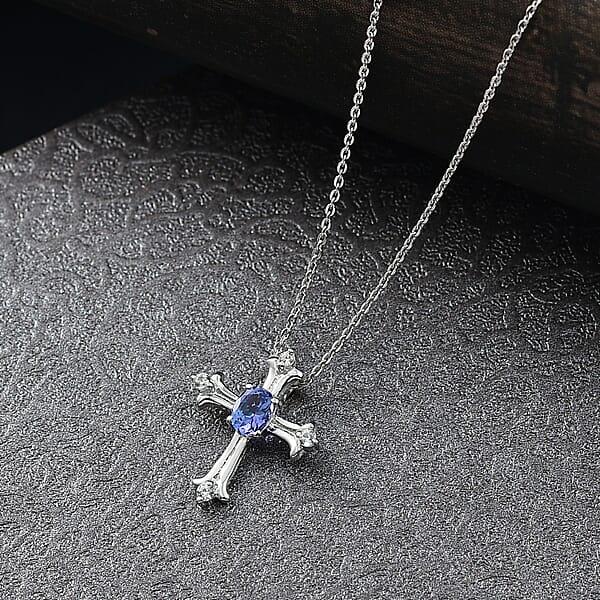 D'Joy AAA Tanzanite White Zircon Cross Pendant Necklace In Rhodium Over Sterling Silver 0.50 Ctw (20 Inches)