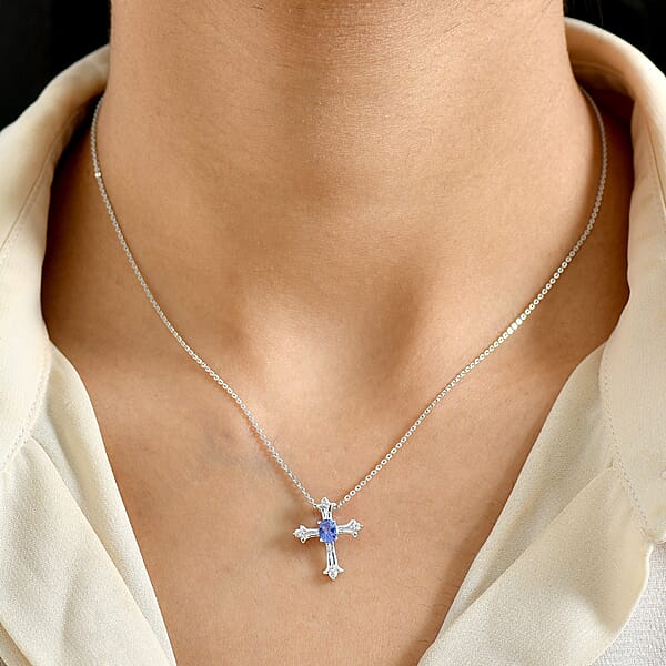 D'Joy AAA Tanzanite White Zircon Cross Pendant Necklace In Rhodium Over Sterling Silver 0.50 Ctw (20 Inches)