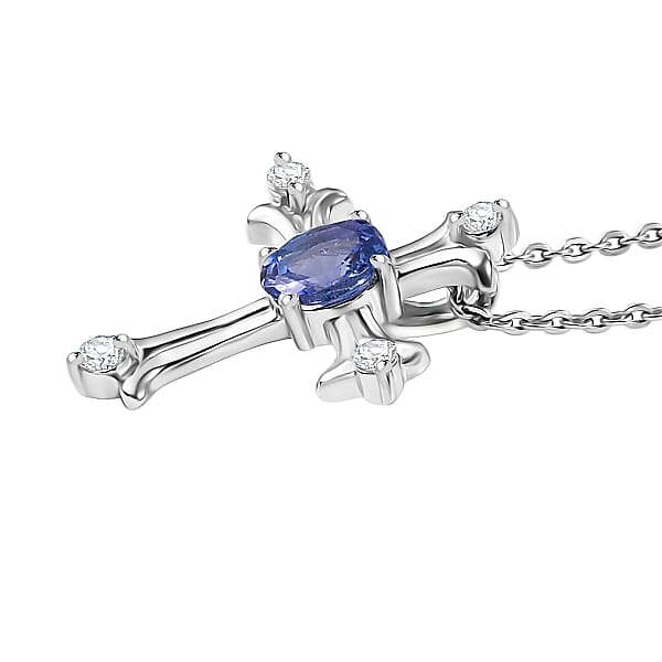 D'Joy AAA Tanzanite White Zircon Cross Pendant Necklace In Rhodium Over Sterling Silver 0.50 Ctw (20 Inches)