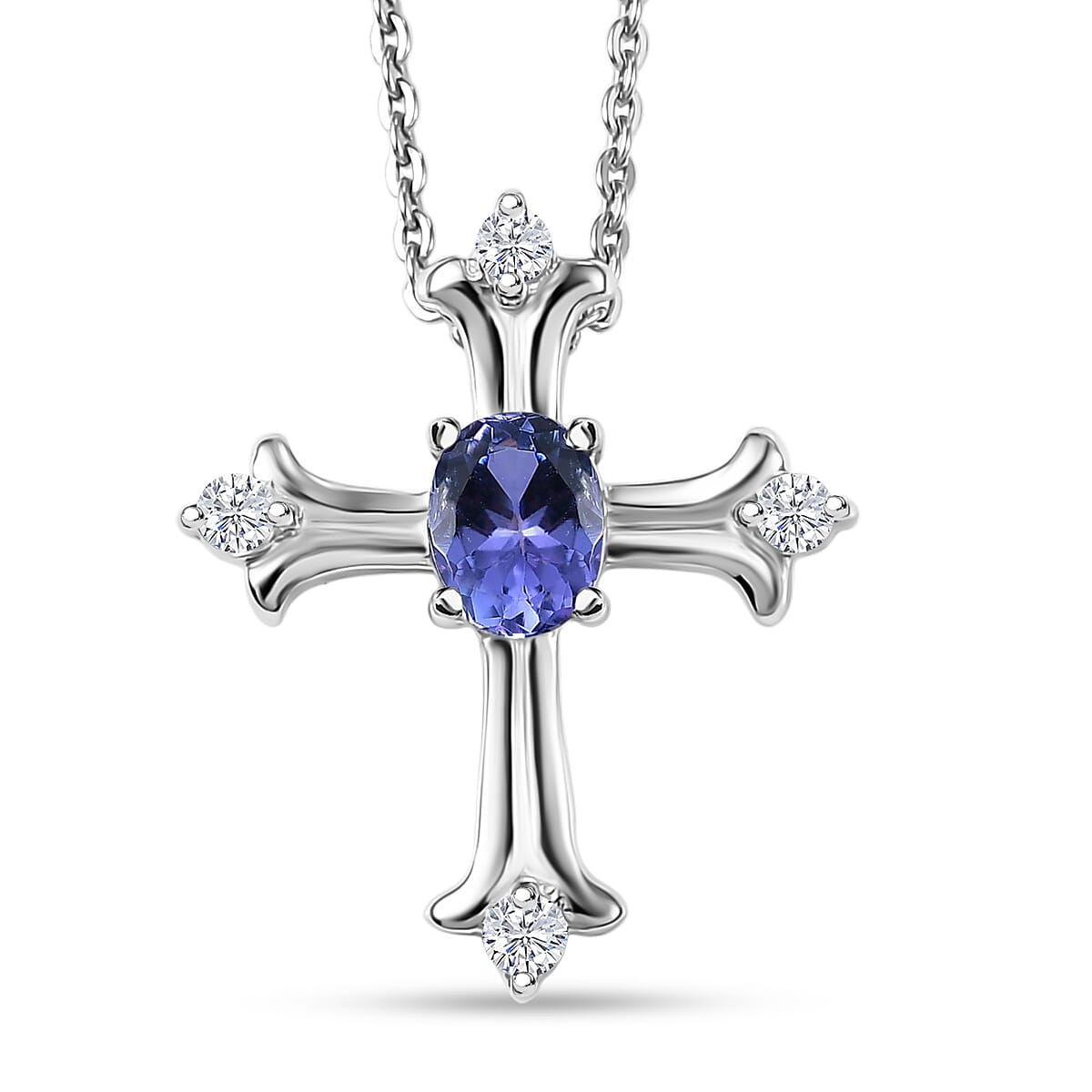 D'Joy AAA Tanzanite White Zircon Cross Pendant Necklace in Rhodium Over Sterling Silver 0.50 ctw (20 Inches)