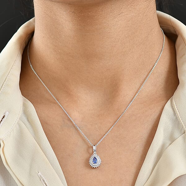 D'Joy AAA Tanzanite White Zircon Drop Pendant Necklace In Rhodium Over Sterling Silver 0.80 Ctw (20 Inches)