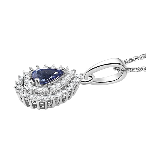 D'Joy AAA Tanzanite White Zircon Drop Pendant Necklace In Rhodium Over Sterling Silver 0.80 Ctw (20 Inches)